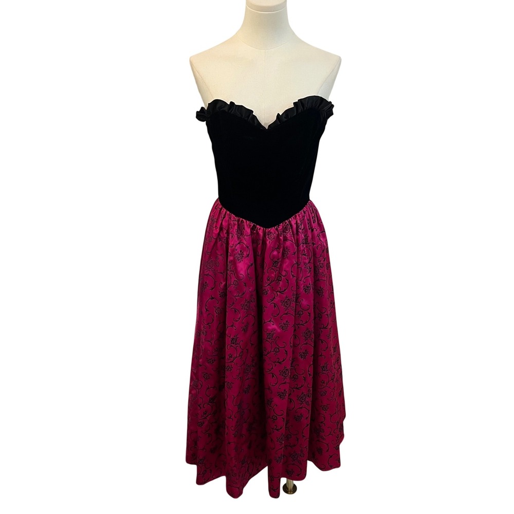 Gunne Sax Jessica McClintock Black Velvet Pink Formal Dress Prom Vintage 9/Small - Picture 2 of 9